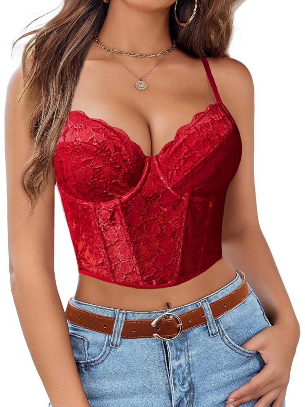 Women Red Lace Bralette Underwired Adjustable Strap V Neck Bustier Corset Top